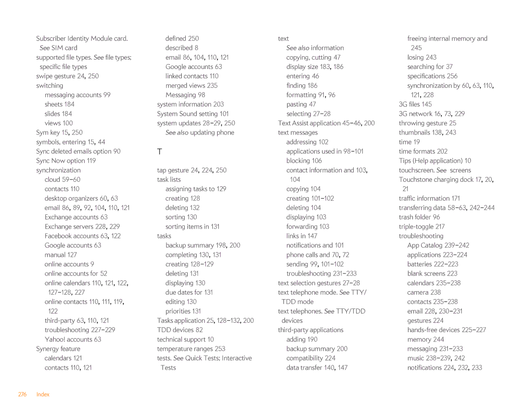 HP Veer 4G (AT&T) manual Supported file types. See file types, Messaging accounts Formatting 91 