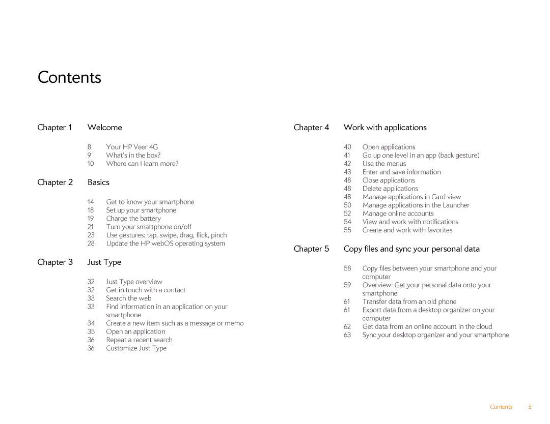 HP Veer 4G (AT&T) manual Contents 