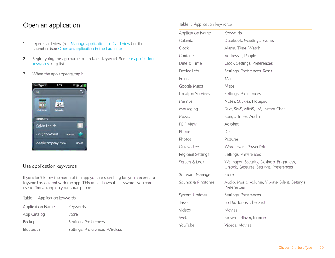 HP Veer 4G (AT&T) manual Open an application, Use application keywords, Preferences 