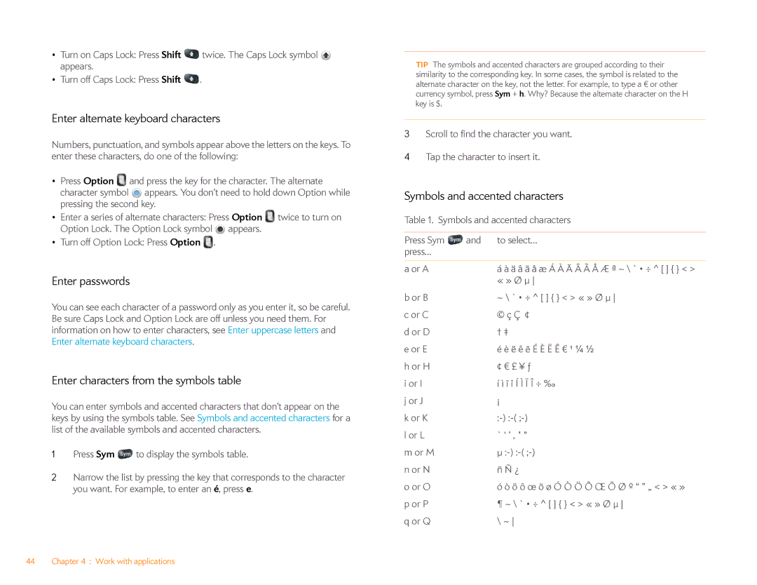 HP Veer 4G (AT&T) Enter alternate keyboard characters, Enter passwords, Enter characters from the symbols table, « » Ø μ 