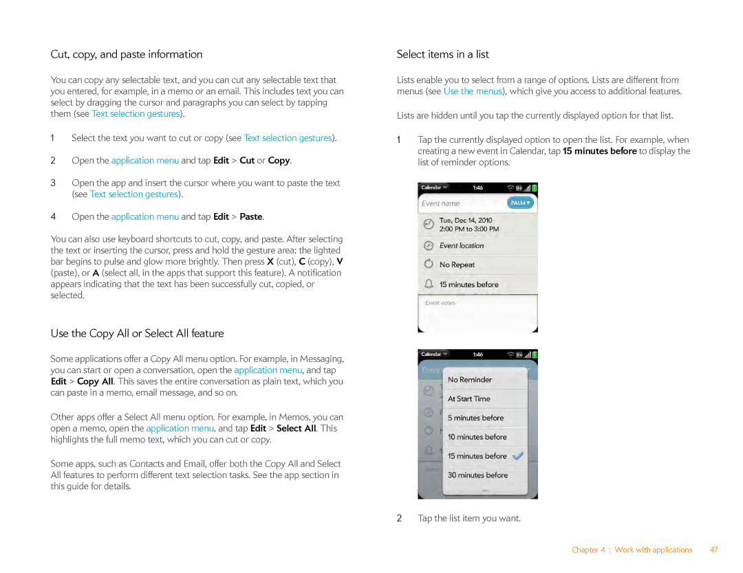 HP Veer 4G (AT&T) manual Cut, copy, and paste information, Use the Copy All or Select All feature, Select items in a list 