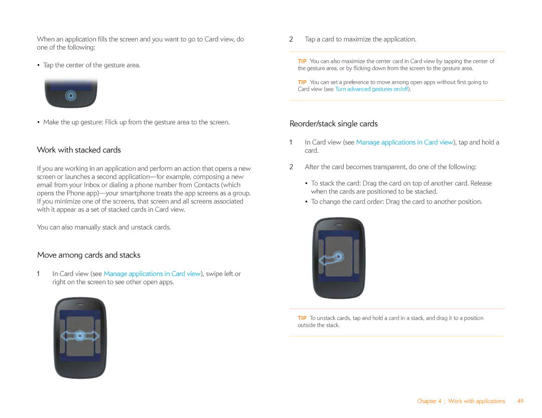 HP Veer 4G (AT&T) manual Work with stacked cards, Move among cards and stacks, Reorder/stack single cards 