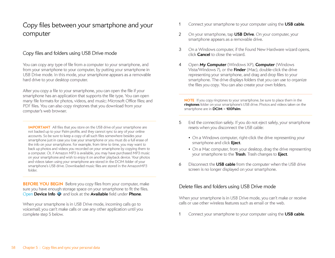 HP Veer 4G (AT&T) manual Copy files between your smartphone and your computer, Copy files and folders using USB Drive mode 