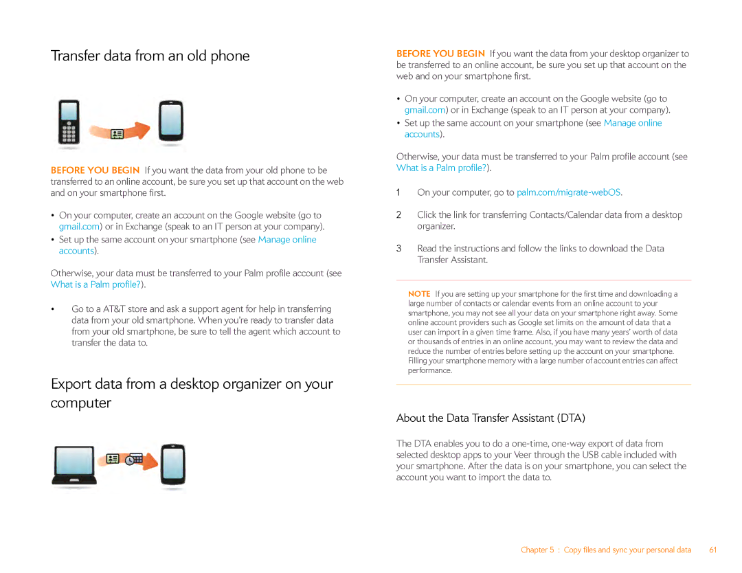 HP Veer 4G (AT&T) manual Transfer data from an old phone, Export data from a desktop organizer on your computer 