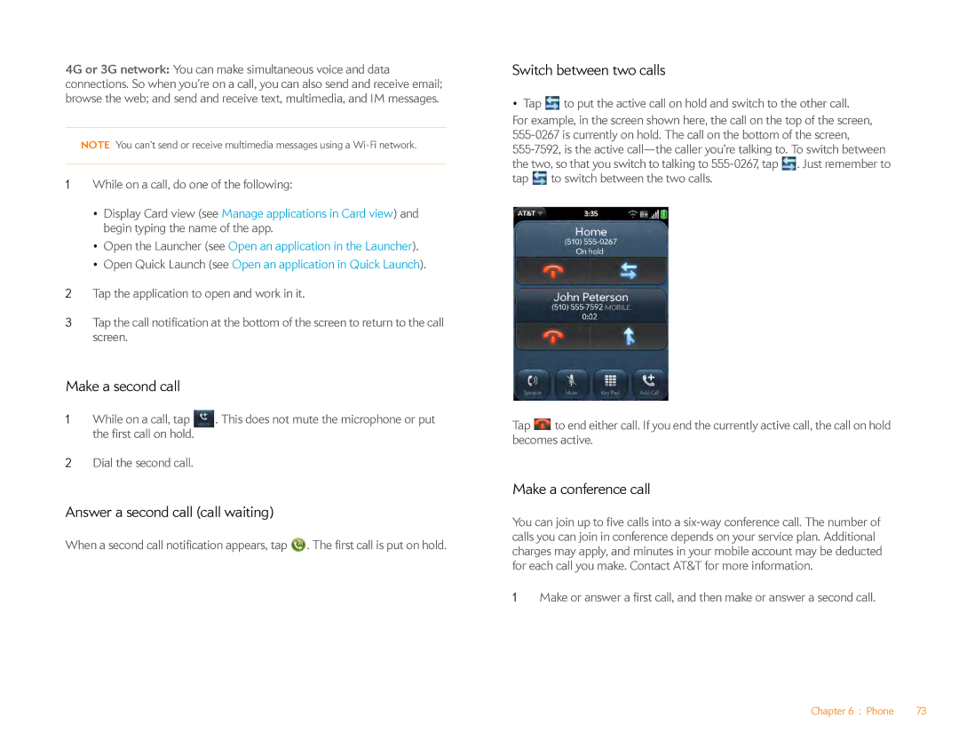HP Veer 4G (AT&T) Make a second call, Answer a second call call waiting, Switch between two calls, Make a conference call 