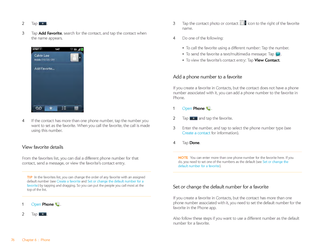 HP Veer 4G (AT&T) View favorite details, Add a phone number to a favorite, Set or change the default number for a favorite 