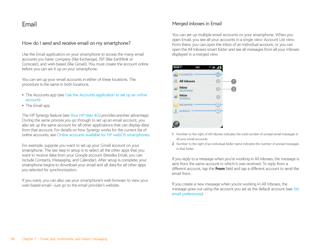HP Veer 4G (AT&T) manual How do I send and receive email on my smartphone?, Merged inboxes in Email, Email app 