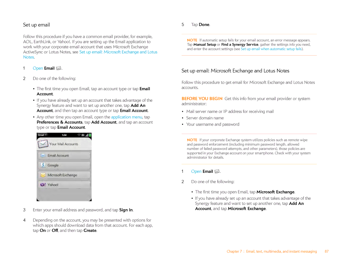 HP Veer 4G (AT&T) manual Set up email Microsoft Exchange and Lotus Notes, Open Email 