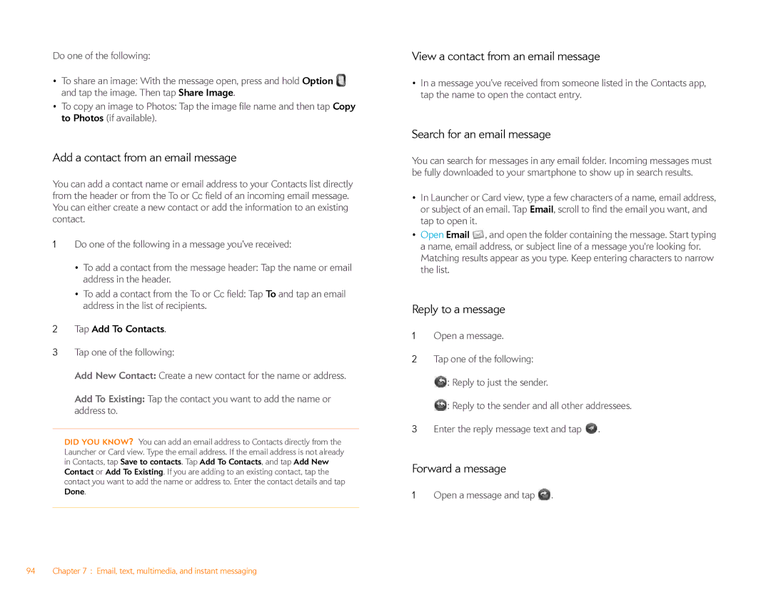 HP Veer 4G (AT&T) Add a contact from an email message, View a contact from an email message, Search for an email message 