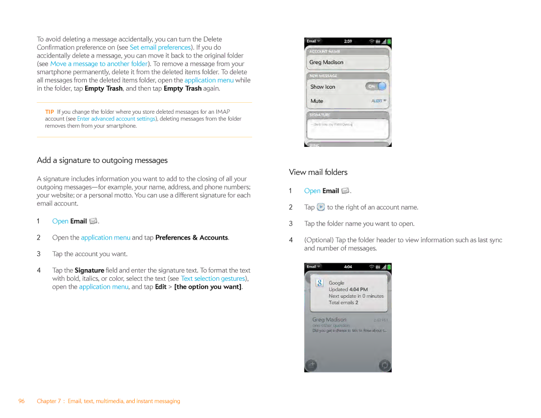 HP Veer 4G (AT&T) manual Add a signature to outgoing messages, View mail folders, Tap the account you want 