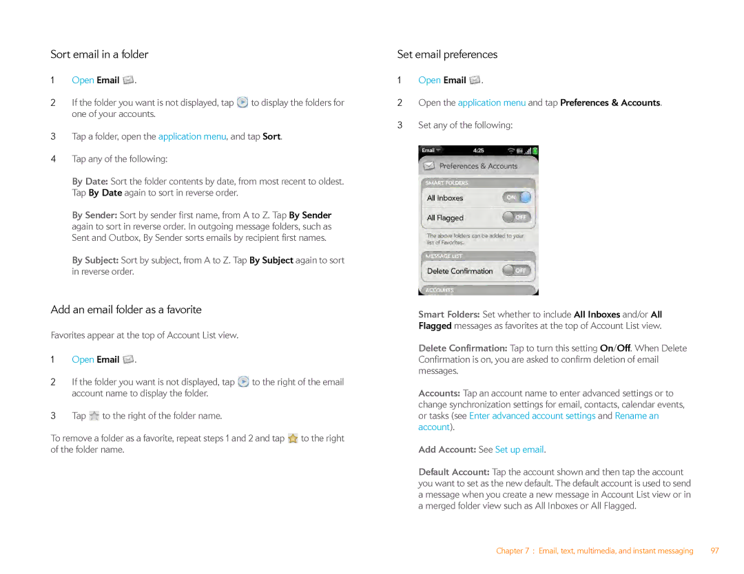 HP Veer 4G (AT&T) manual Sort email in a folder, Add an email folder as a favorite, Set email preferences 