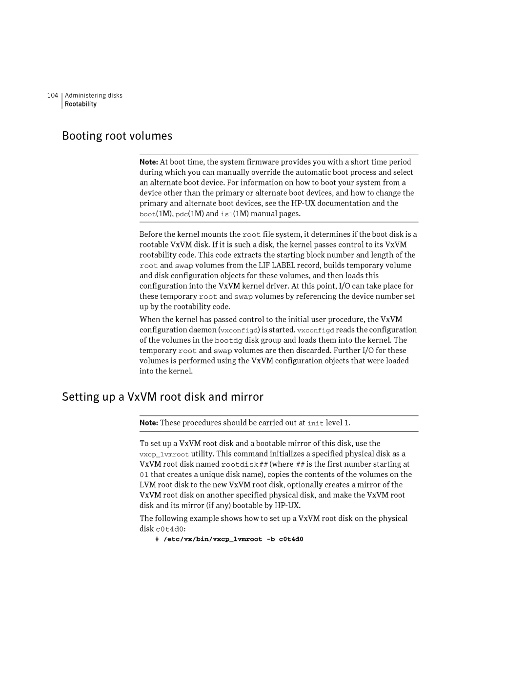 HP Veritas Volume Manager 5.0 -UX 11i v3 manual Booting root volumes, Setting up a VxVM root disk and mirror 