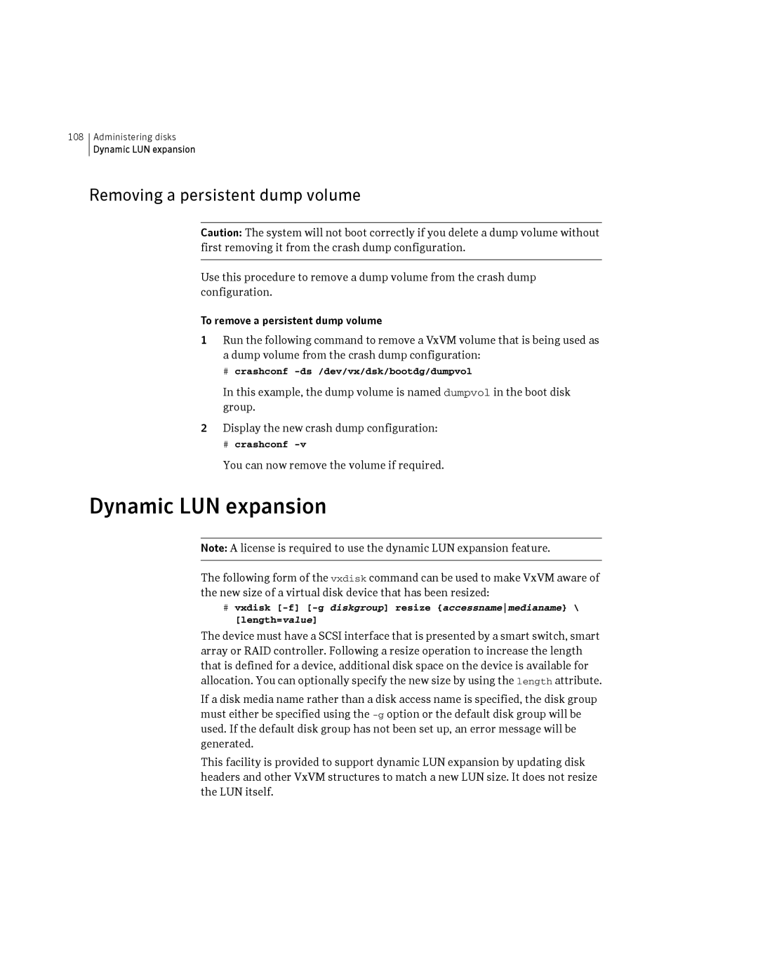 HP Veritas Volume Manager 5.0 -UX 11i v3 manual Dynamic LUN expansion, Removing a persistent dump volume 