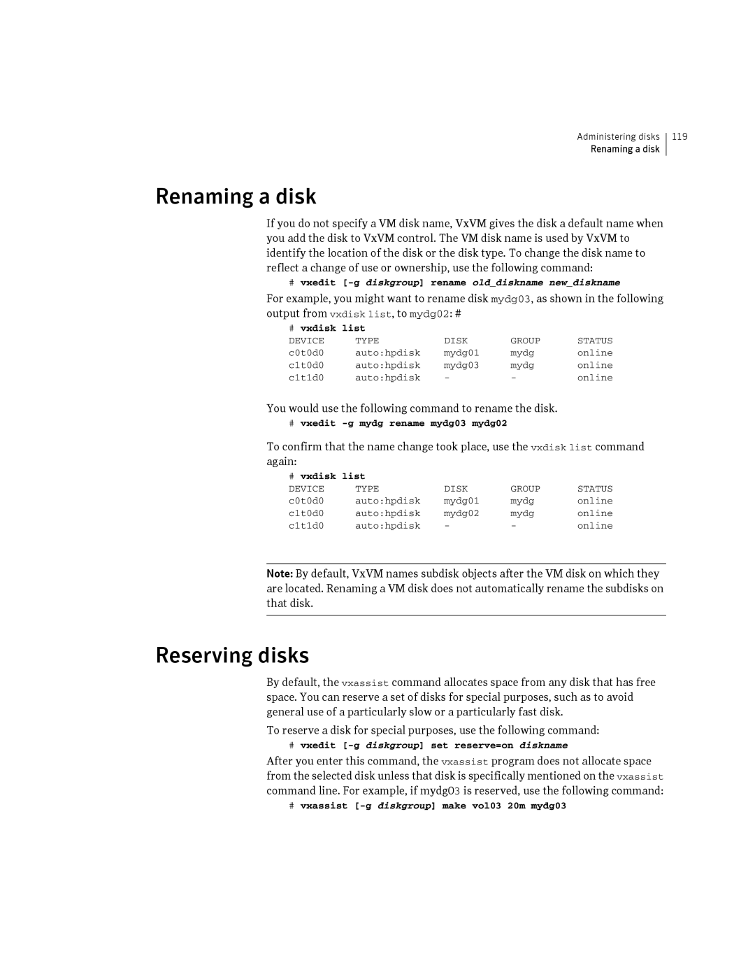 HP Veritas Volume Manager 5.0 -UX 11i v3 manual Renaming a disk, Reserving disks 