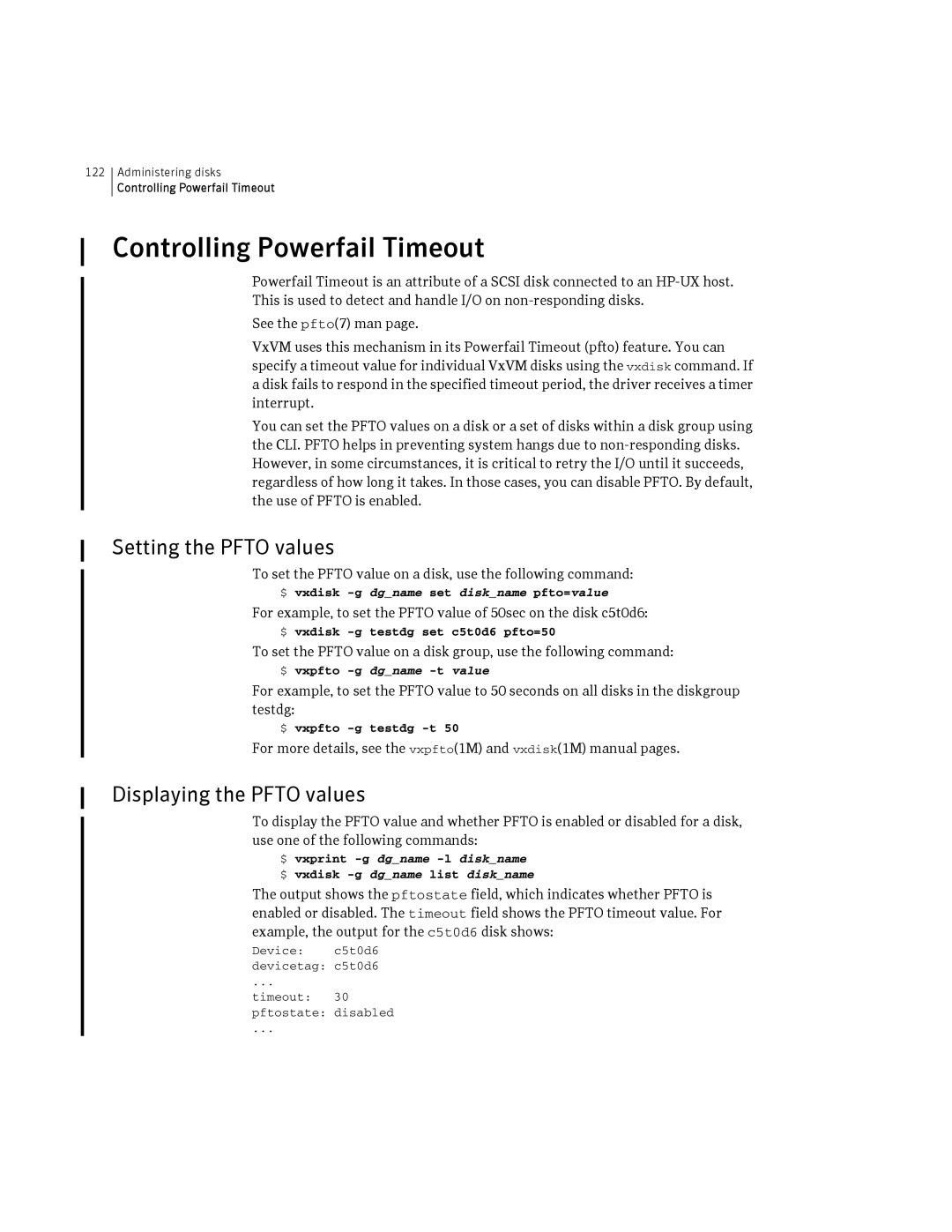 HP Veritas Volume Manager 5.0 -UX 11i v3 manual Controlling Powerfail Timeout, Setting the Pfto values 
