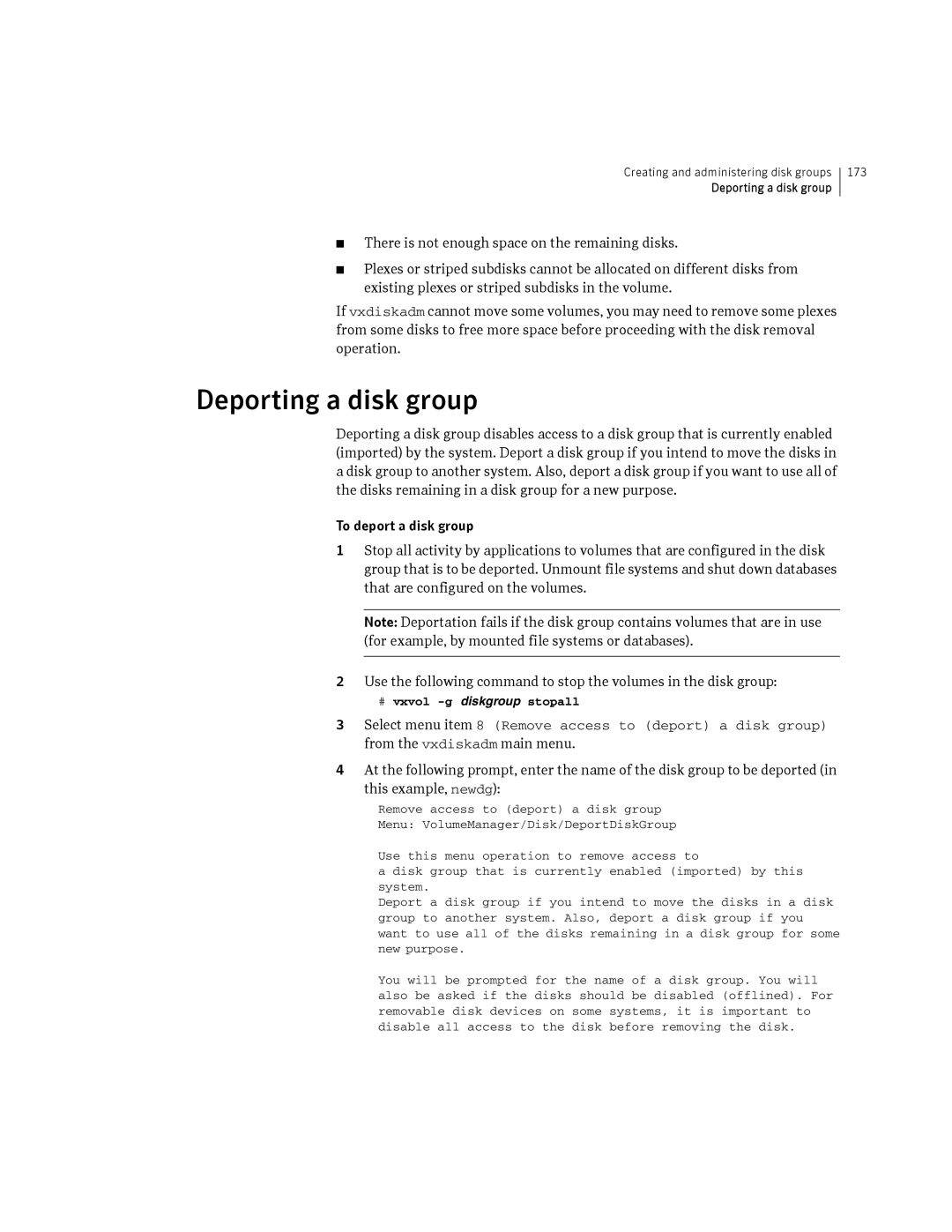 HP Veritas Volume Manager 5.0 -UX 11i v3 manual Deporting a disk group, # vxvol -g diskgroup stopall 