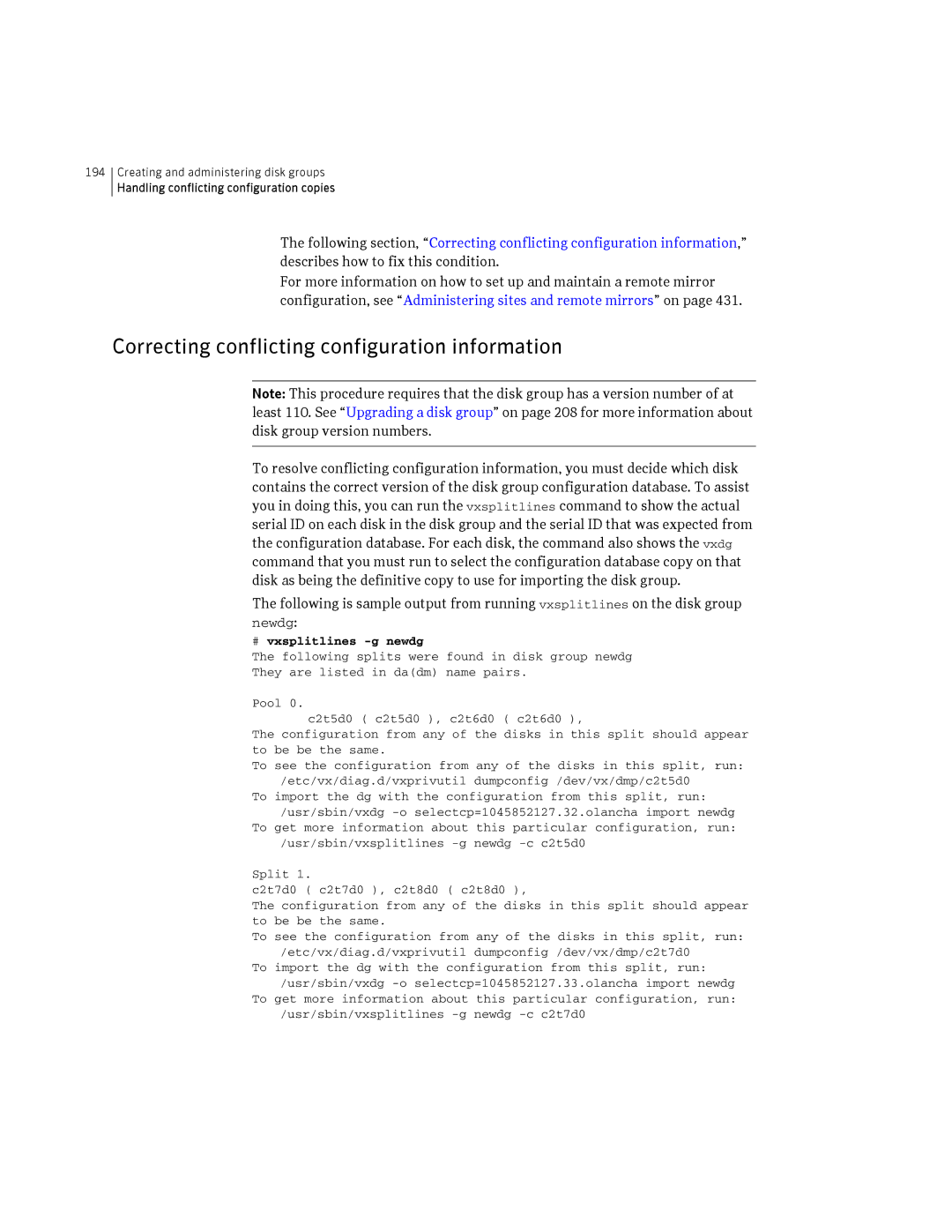 HP Veritas Volume Manager 5.0 -UX 11i v3 manual Correcting conflicting configuration information, # vxsplitlines -g newdg 