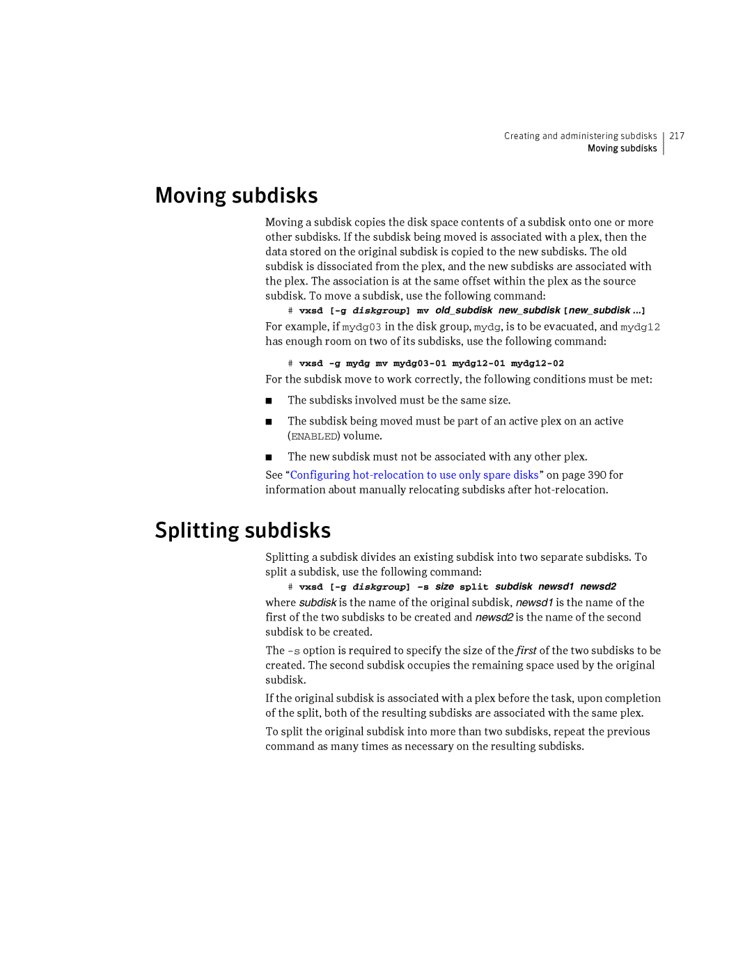 HP Veritas Volume Manager 5.0 -UX 11i v3 manual Moving subdisks, Splitting subdisks 