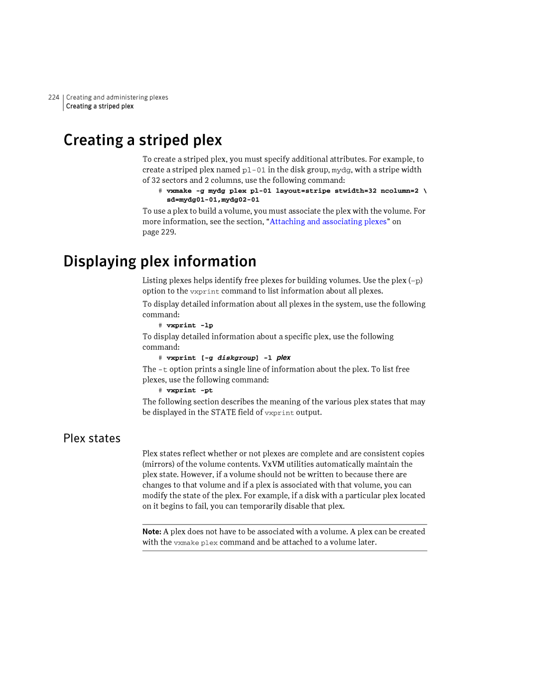 HP Veritas Volume Manager 5.0 -UX 11i v3 manual Creating a striped plex, Displaying plex information, Plex states 