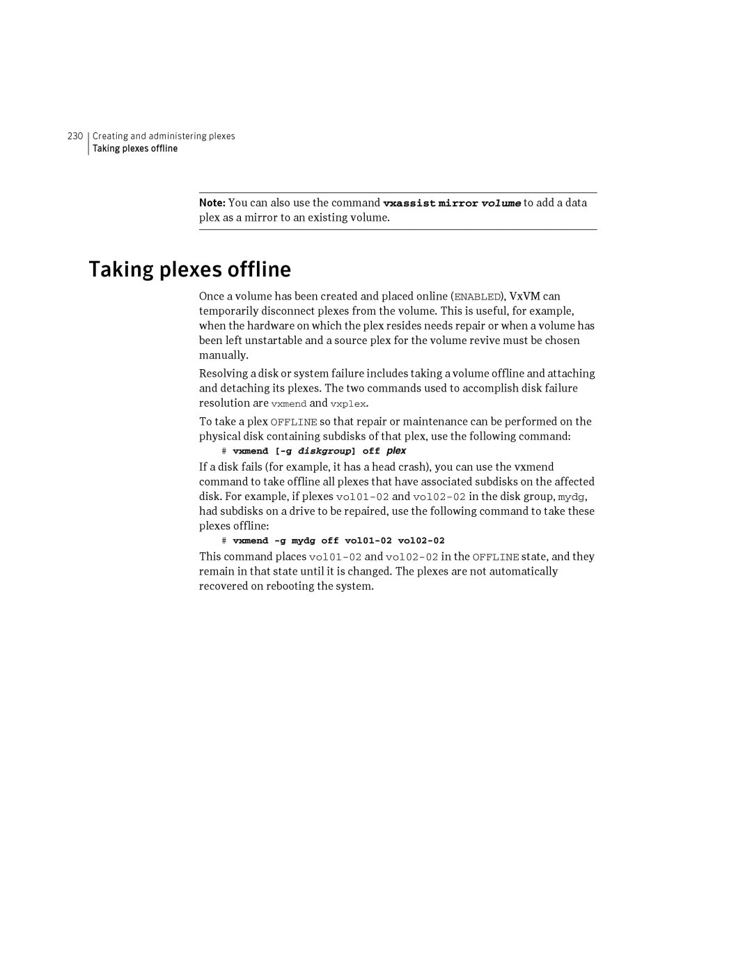 HP Veritas Volume Manager 5.0 -UX 11i v3 manual Taking plexes offline, # vxmend -g diskgroup off plex 