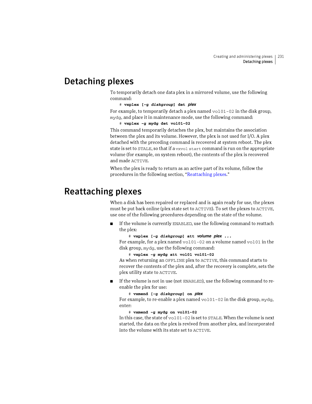 HP Veritas Volume Manager 5.0 -UX 11i v3 manual Detaching plexes, Reattaching plexes 