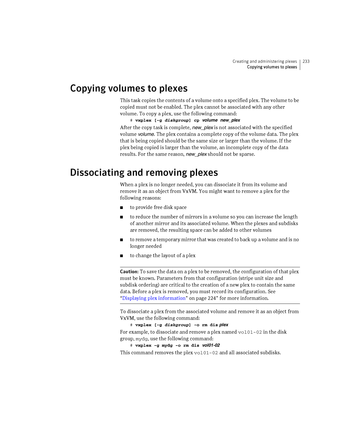 HP Veritas Volume Manager 5.0 -UX 11i v3 manual Copying volumes to plexes, Dissociating and removing plexes 