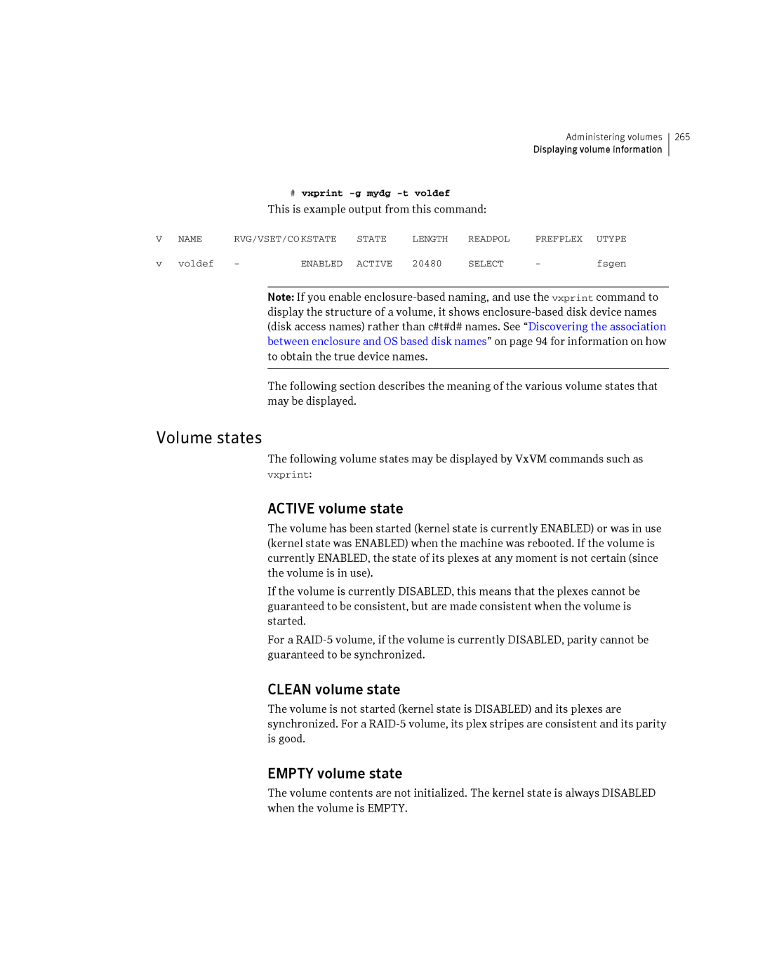 HP Veritas Volume Manager 5.0 -UX 11i v3 manual Volume states, Active volume state, Clean volume state, Empty volume state 