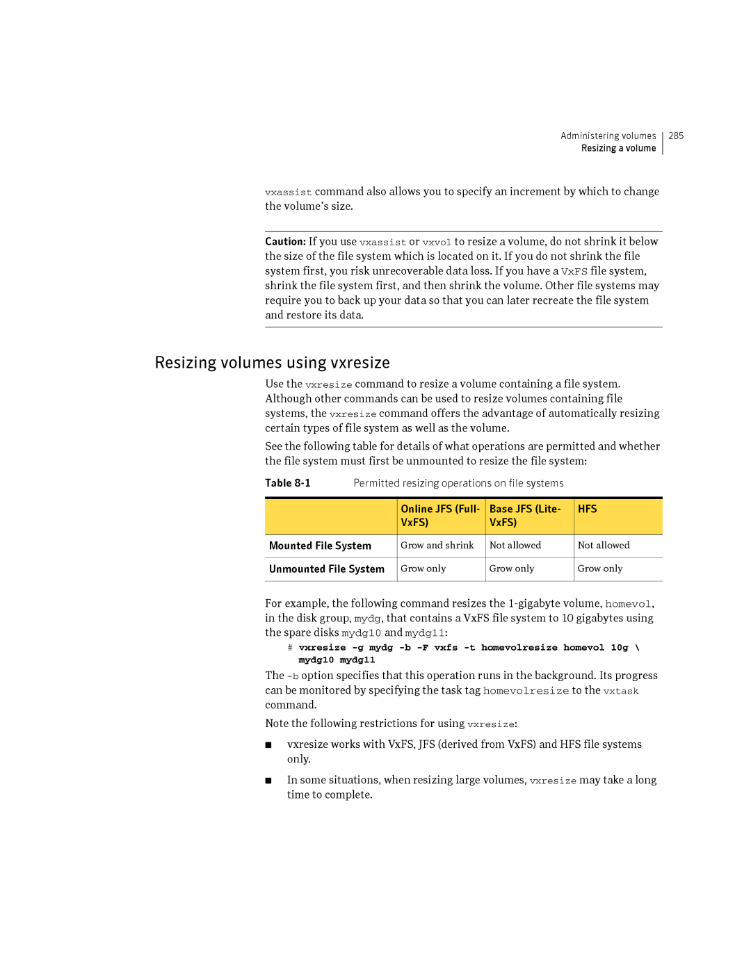 HP Veritas Volume Manager 5.0 -UX 11i v3 manual Resizing volumes using vxresize, Online JFS Full Base JFS Lite 