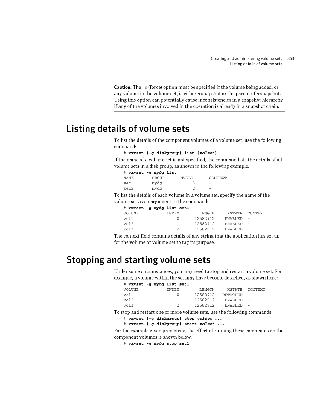 HP Veritas Volume Manager 5.0 -UX 11i v3 manual Listing details of volume sets, Stopping and starting volume sets 