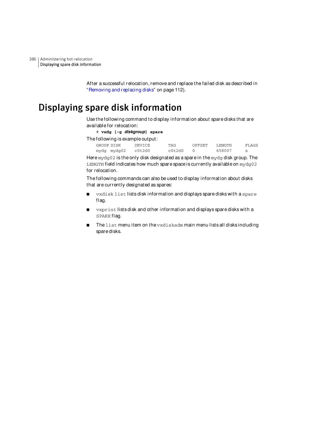 HP Veritas Volume Manager 5.0 -UX 11i v3 manual Displaying spare disk information, # vxdg -g diskgroup spare 