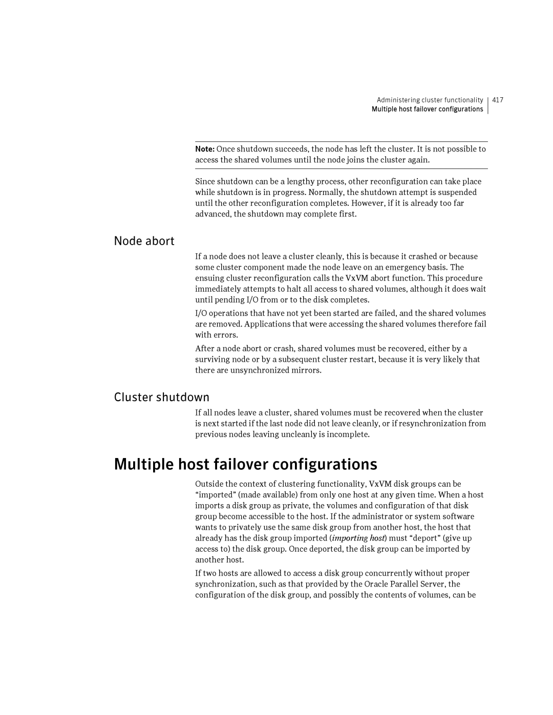 HP Veritas Volume Manager 5.0 -UX 11i v3 manual Multiple host failover configurations, Node abort, Cluster shutdown 