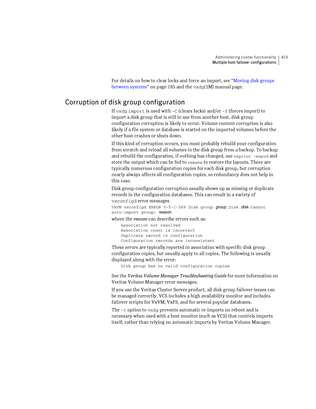 HP Veritas Volume Manager 5.0 -UX 11i v3 manual Corruption of disk group configuration 