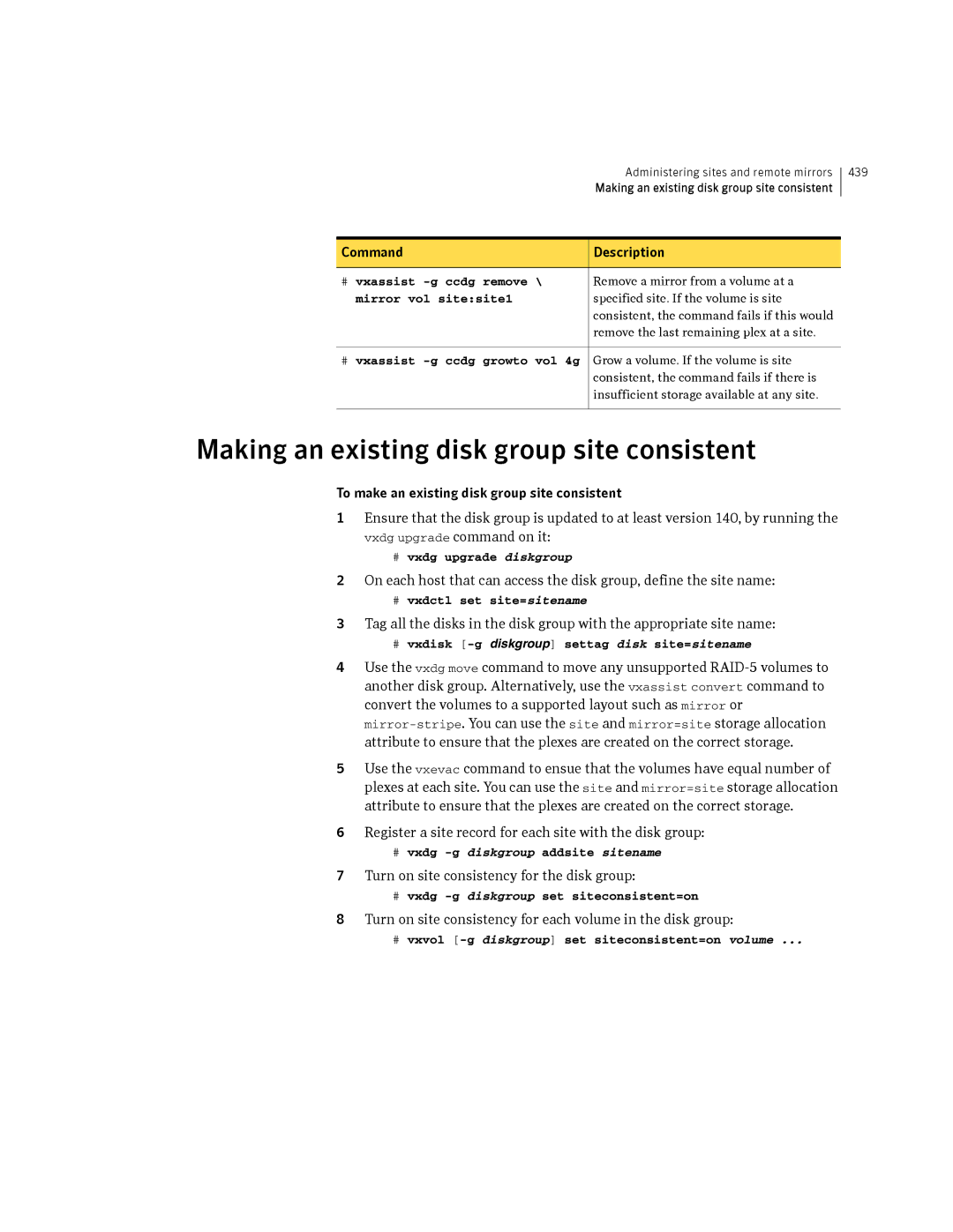 HP Veritas Volume Manager 5.0 -UX 11i v3 manual Making an existing disk group site consistent 