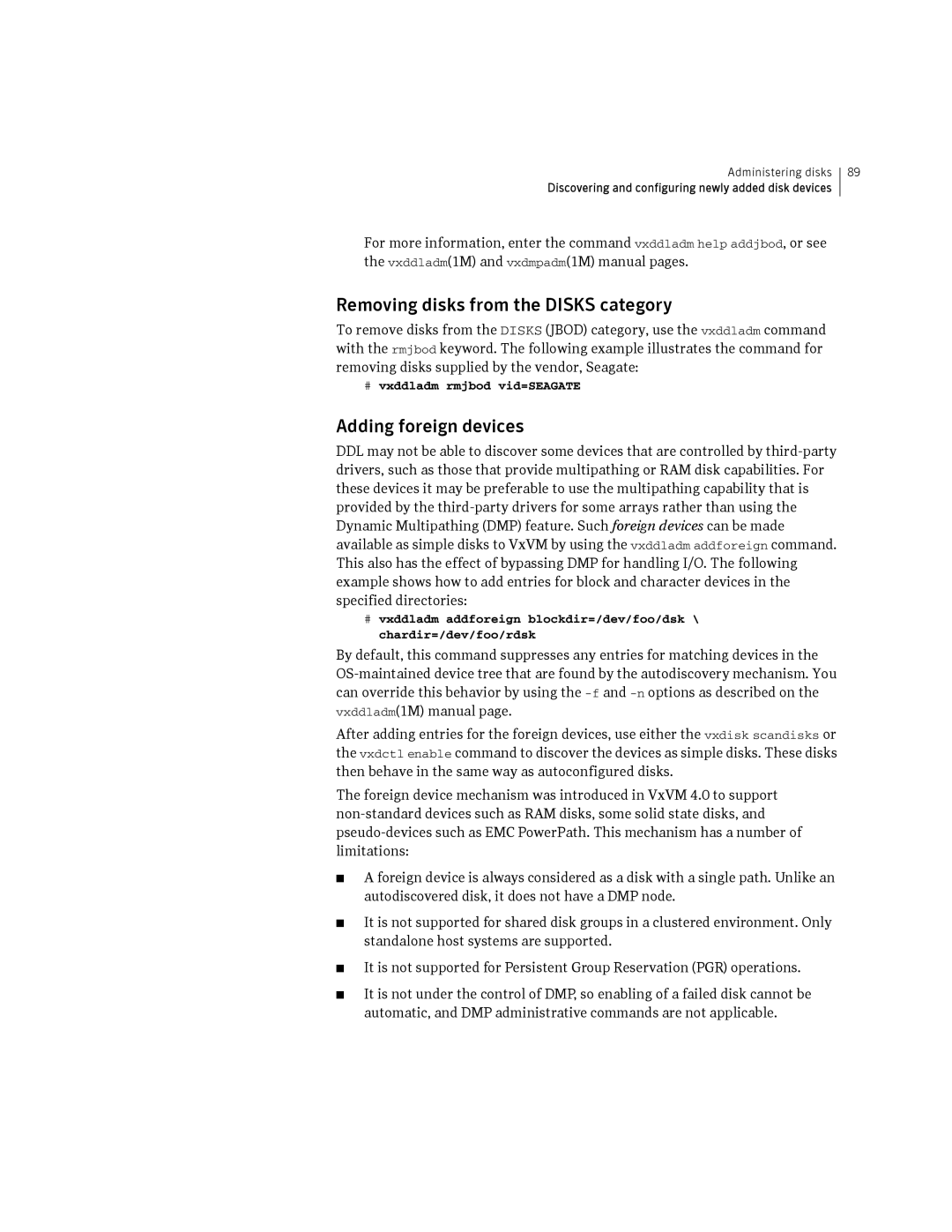 HP Veritas Volume Manager 5.0 -UX 11i v3 manual Removing disks from the Disks category, Adding foreign devices 
