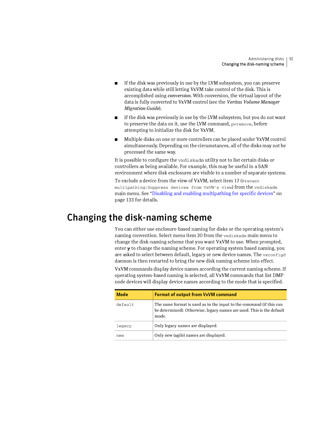 HP Veritas Volume Manager 5.0 -UX 11i v3 Changing the disk-naming scheme, Mode Format of output from VxVM command, Default 