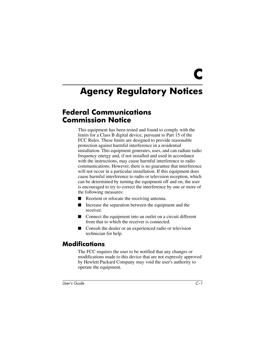 HP vf15 15 inch, f1523 15 inch manual Agency Regulatory Notices, Federal Communications Commission Notice, Modifications 