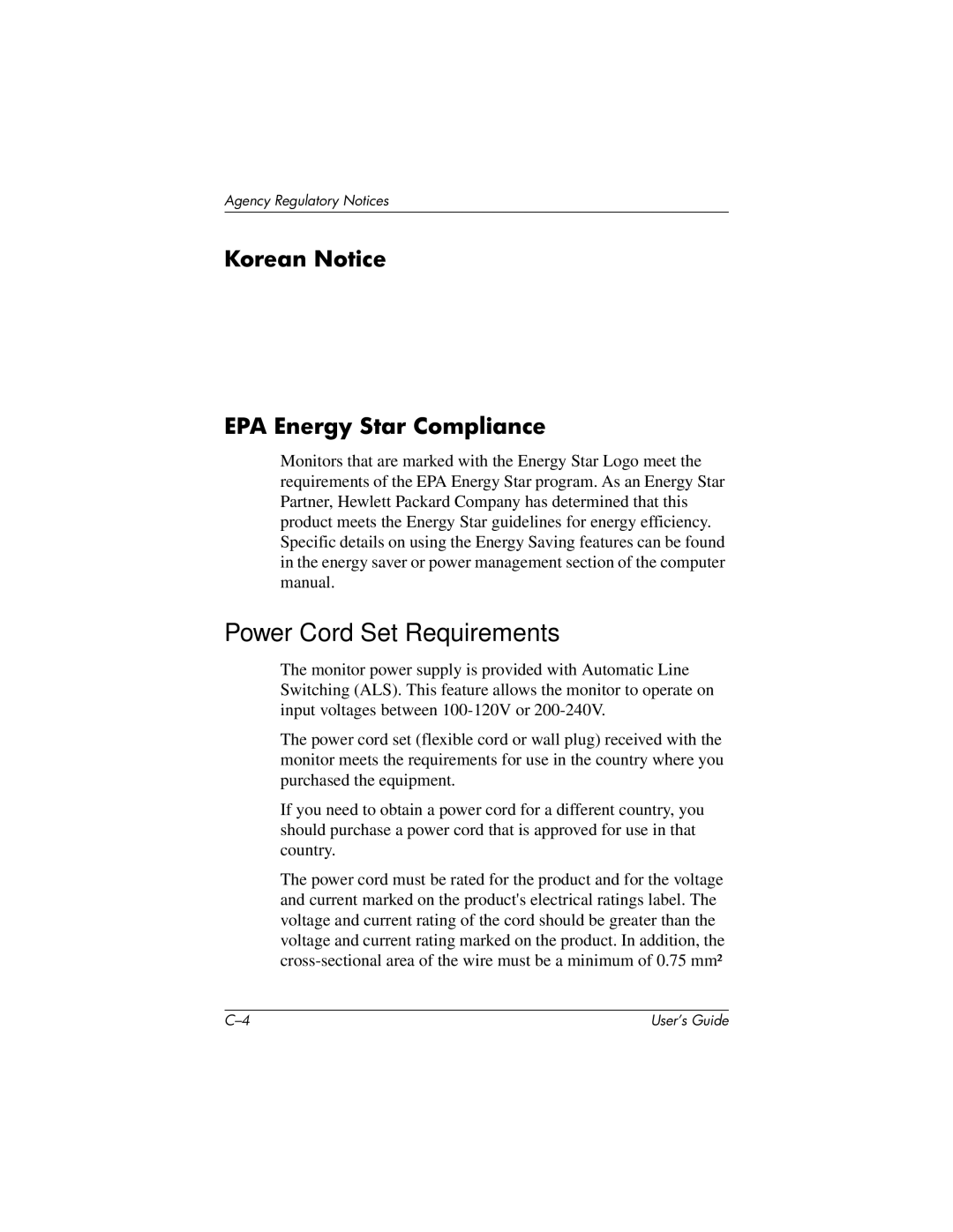 HP f1523 15 inch, vf15 15 inch manual Power Cord Set Requirements, Korean Notice EPA Energy Star Compliance 