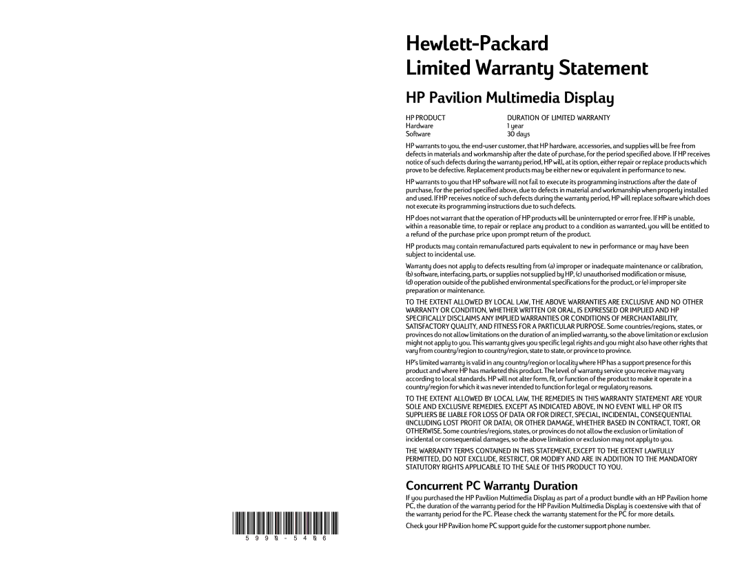 HP m703c 17 inch Bulk CRT manual Hewlett-Packard Limited Warranty Statement, HP Pavilion Multimedia Display, HP Product 