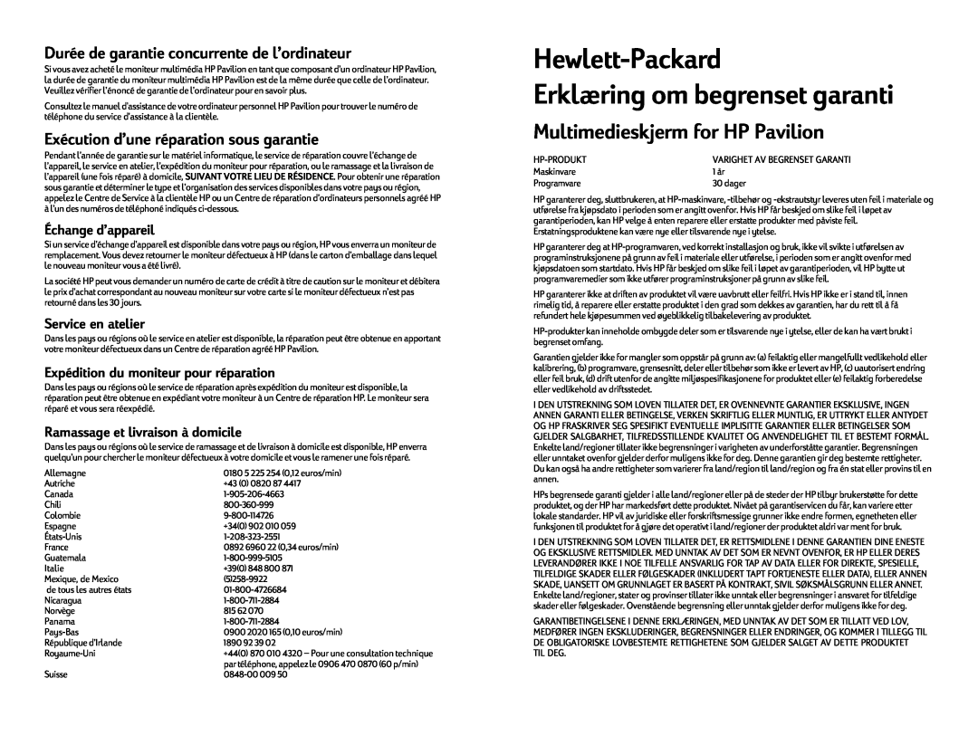 HP vf51 15 inch Hewlett-Packard, Erklæring om begrenset garanti, Multimedieskjerm for HP Pavilion, Échange d’appareil 