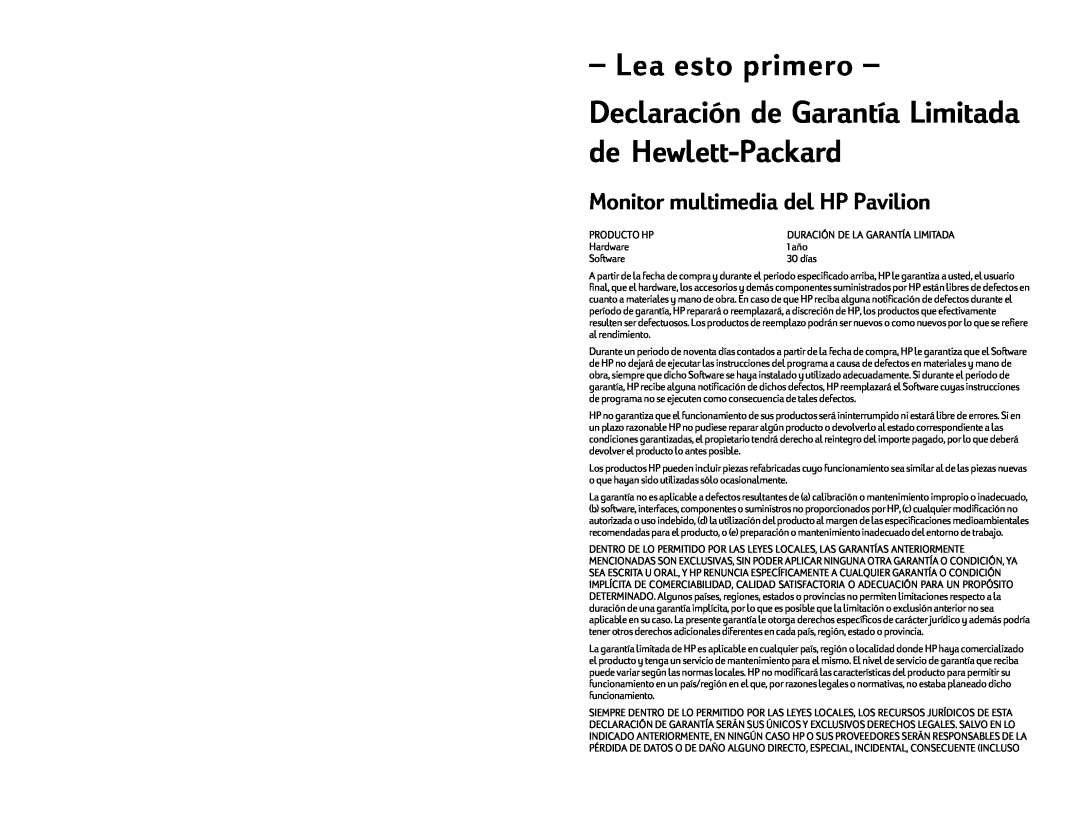 HP m703c 17 inch CRT, vf51 15 inch manual Lea esto primero, Declaración de Garantía Limitada de Hewlett-Packard 