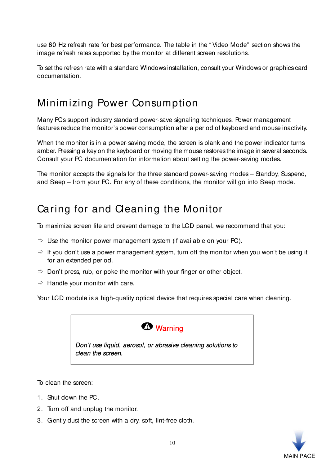 HP vf51 15 inch manual Minimizing Power Consumption, Caring for and Cleaning the Monitor 