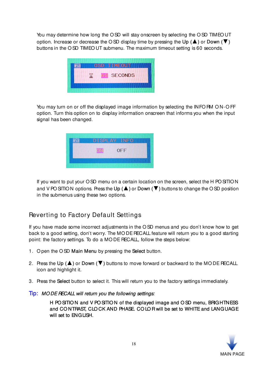 HP vf51 15 inch manual Reverting to Factory Default Settings, Tip Mode Recall will return you the following settings 