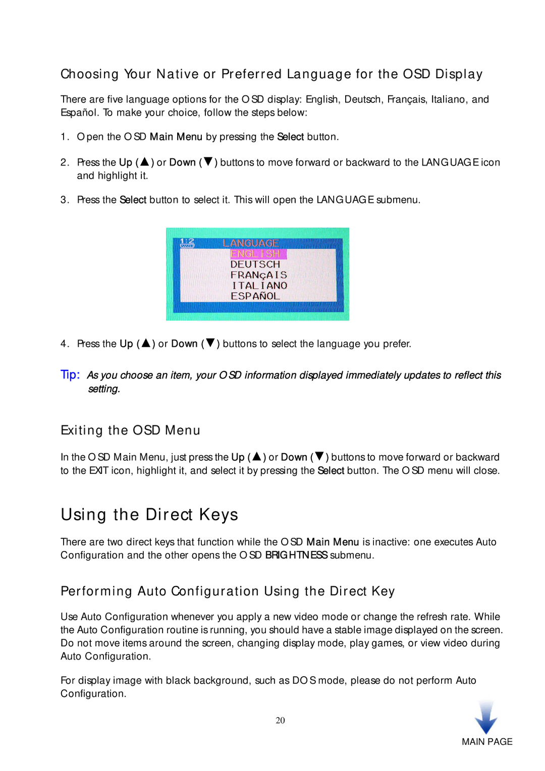 HP vf51 15 inch manual Using the Direct Keys, Exiting the OSD Menu, Performing Auto Configuration Using the Direct Key 