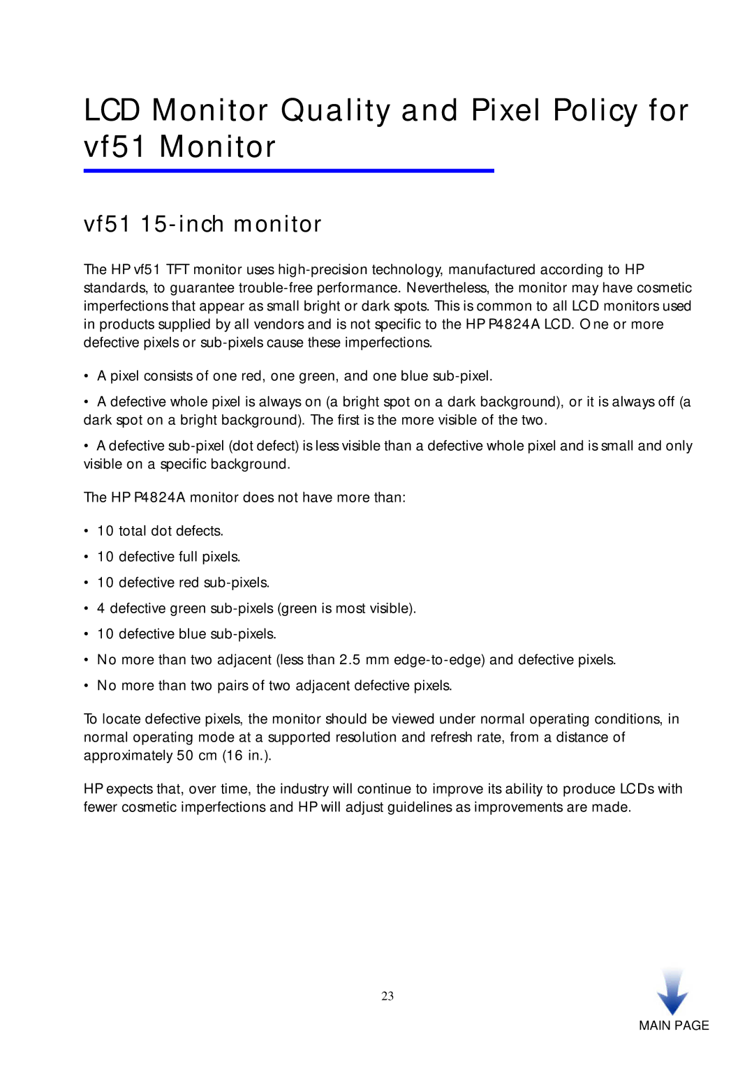 HP vf51 15 inch manual LCD Monitor Quality and Pixel Policy for vf51 Monitor, Vf51 15-inch monitor 