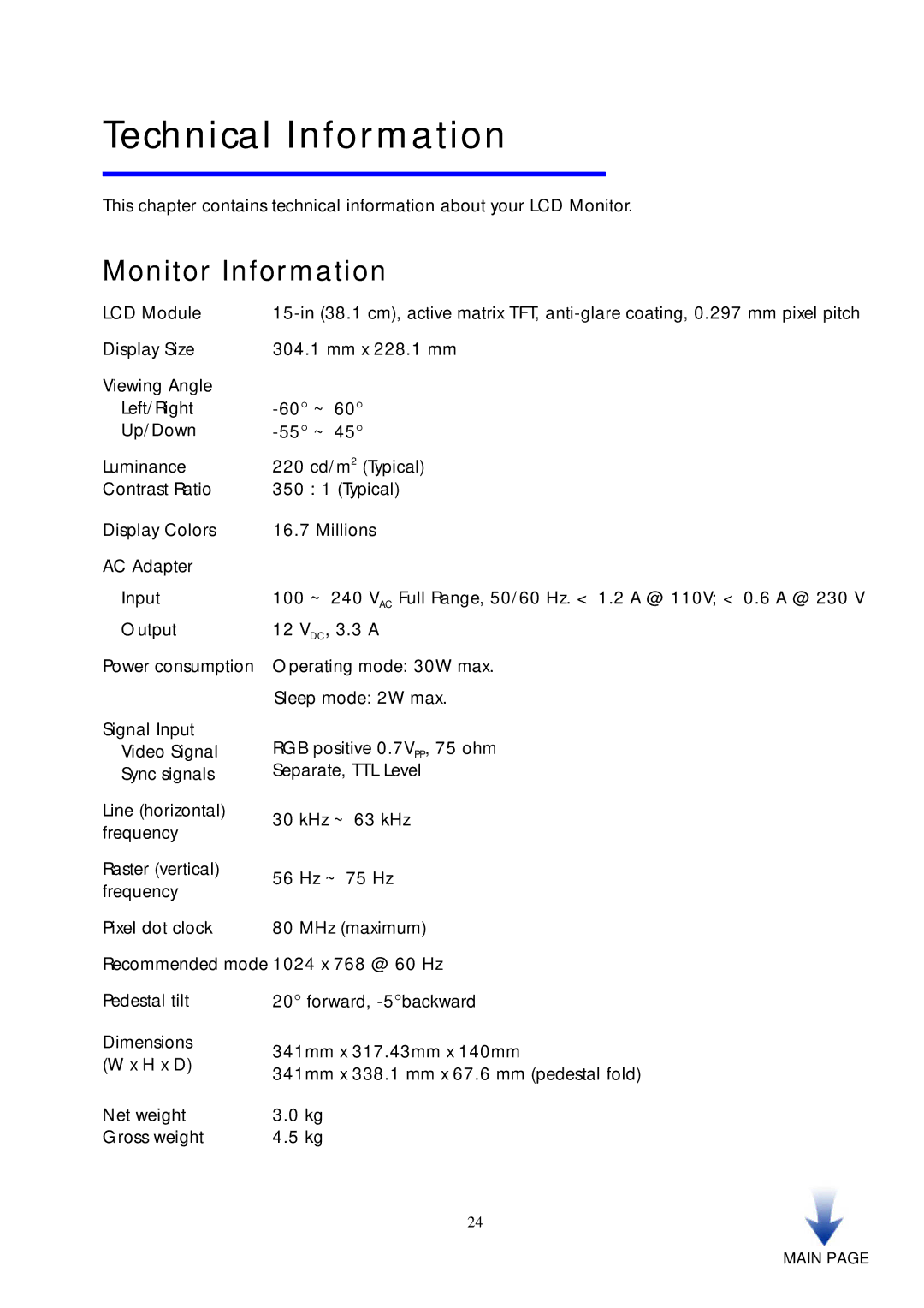 HP vf51 15 inch manual Technical Information, Monitor Information 