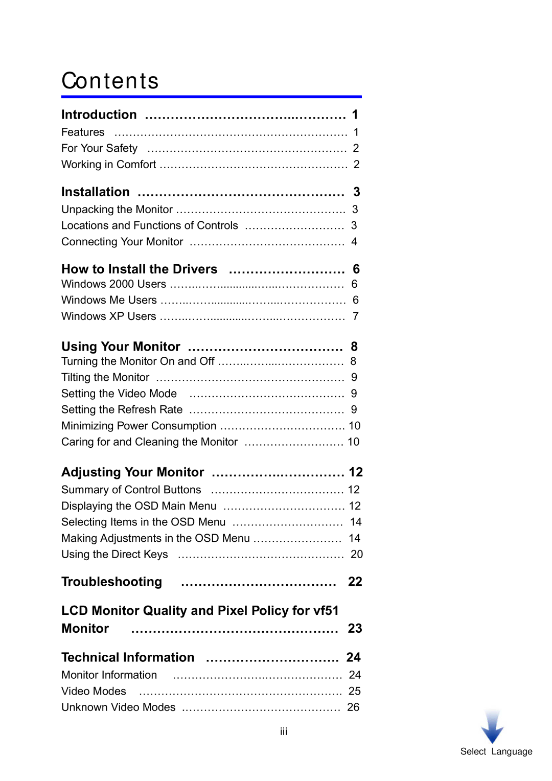 HP vf51 15 inch manual Contents 