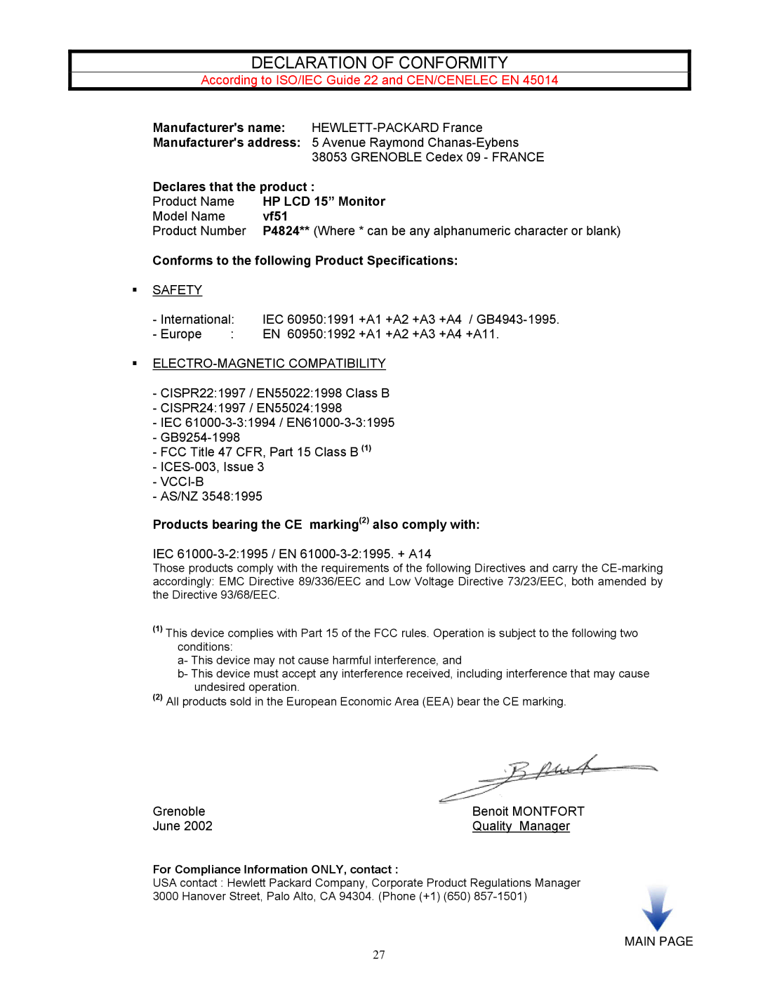 HP vf51 15 inch manual Declaration of Conformity 