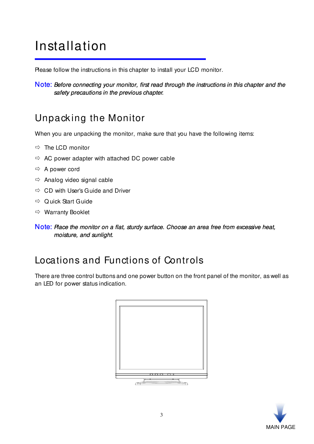 HP vf51 15 inch manual Installation, Unpacking the Monitor, Locations and Functions of Controls 