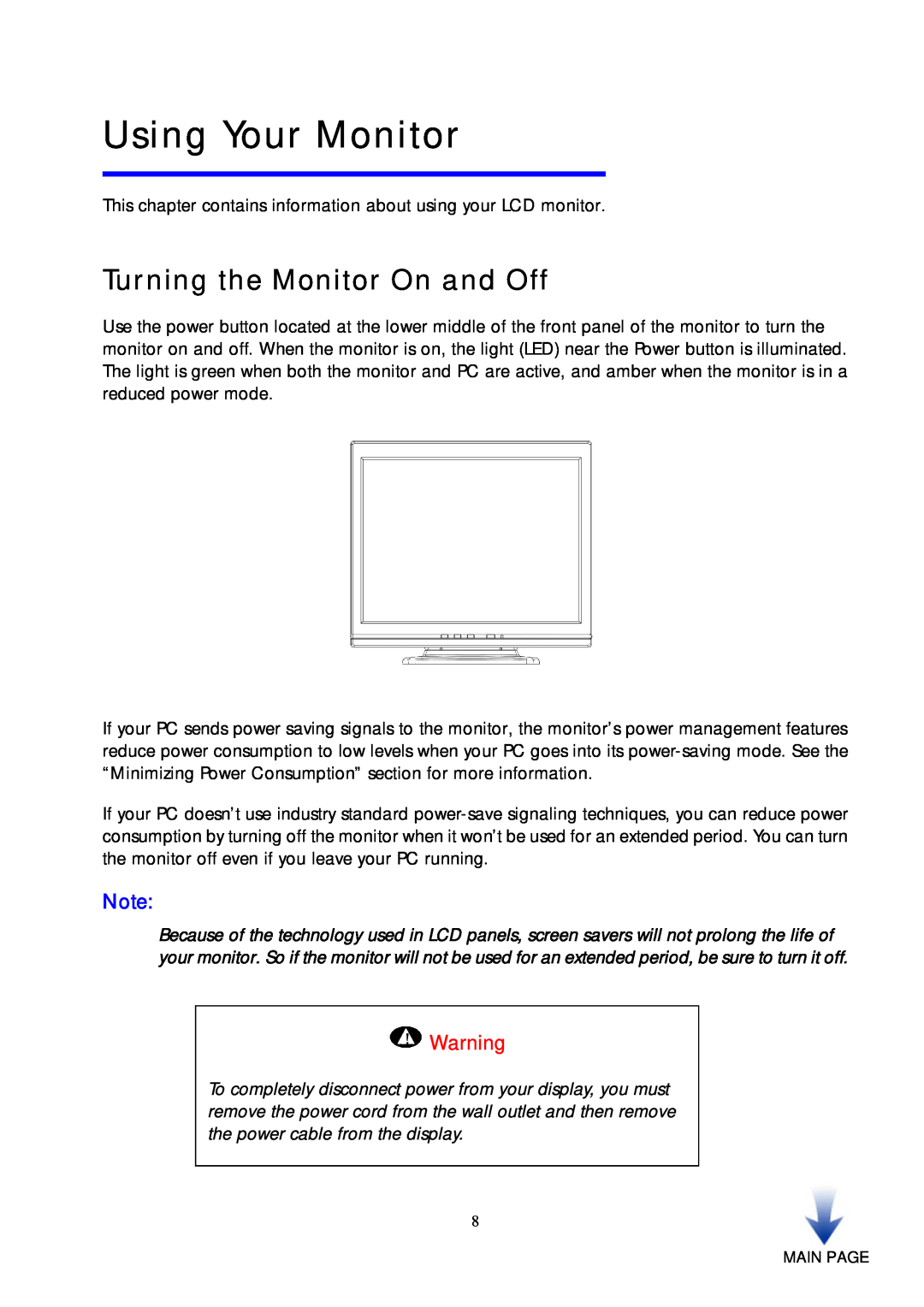 HP vf51 15 inch manual Using Your Monitor, Turning the Monitor On and Off 