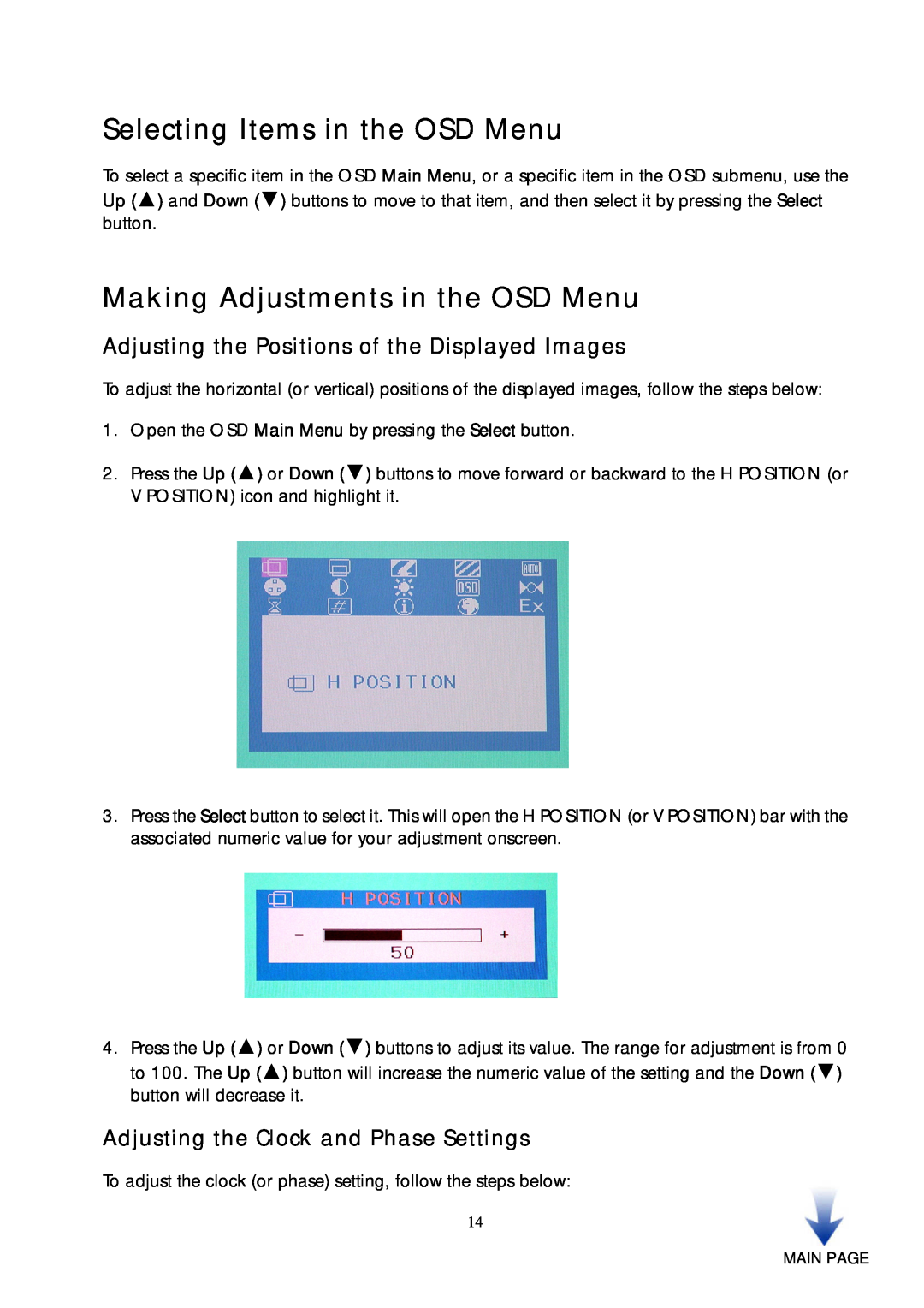 HP vf51 15 inch manual Selecting Items in the OSD Menu, Making Adjustments in the OSD Menu 